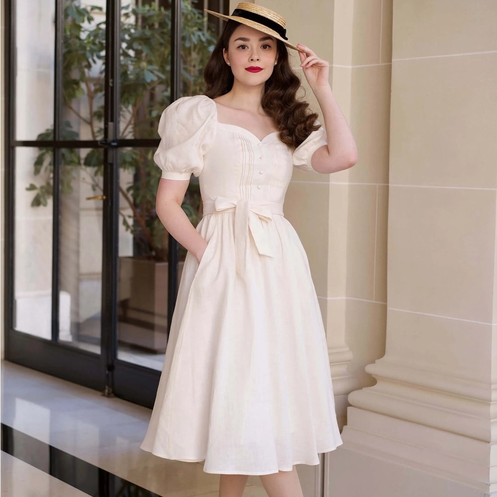 Chic Cream Puff Sleeve Midi Dress